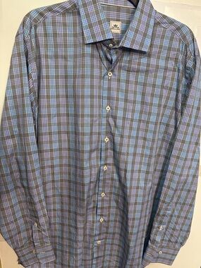 Peter Millar Blue and Gray Plaid Button-Down Shirt size large